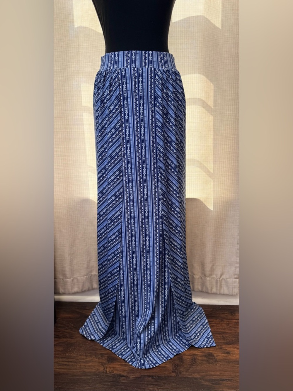 Blue Rain Maxi Skirt Blue White Geometric Pattern Front Slits Sz S Boho Festival